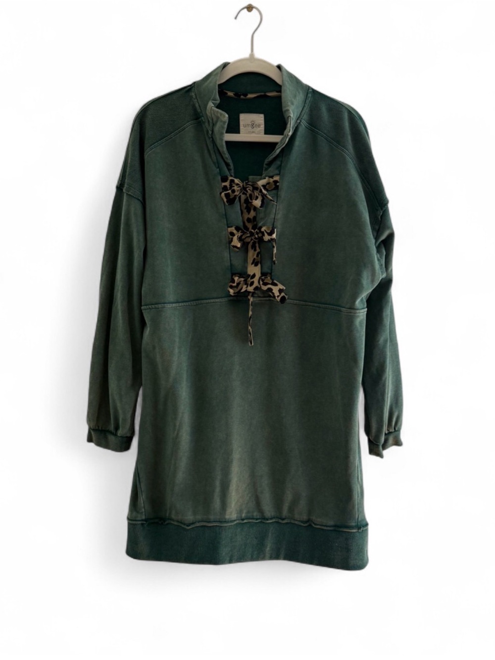 Umgee Forest Green Pullover Sweatshirt Dress with Leopard Ties M